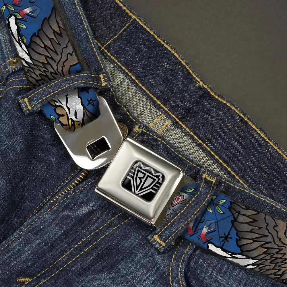 BD Wings Logo CLOSE-UP Full Color Black Silver Seatbelt Belt - Truth and Justice Blue Webbing