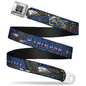 BD Wings Logo CLOSE-UP Full Color Black Silver Seatbelt Belt - Truth and Justice Blue Webbing