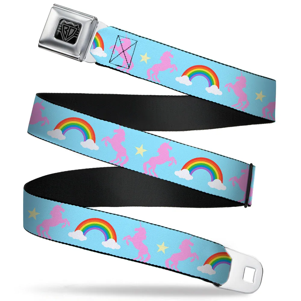 BD Wings Logo CLOSE-UP Full Color Black Silver Seatbelt Belt - Unicorns/Rainbow/Star Baby Blue/Pink/Yellow Webbing