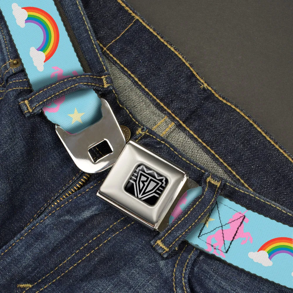 BD Wings Logo CLOSE-UP Full Color Black Silver Seatbelt Belt - Unicorns/Rainbow/Star Baby Blue/Pink/Yellow Webbing