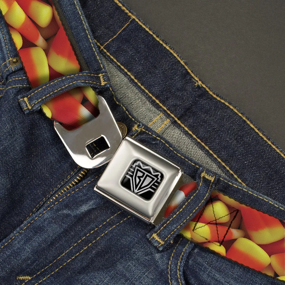 BD Wings Logo CLOSE-UP Full Color Black Silver Seatbelt Belt - Vivid Candy Corn Stacked Webbing