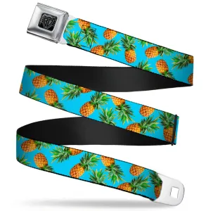 BD Wings Logo CLOSE-UP Full Color Black Silver Seatbelt Belt - Vivid Pineapples Scattered Blue Webbing