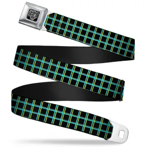BD Wings Logo CLOSE-UP Full Color Black Silver Seatbelt Belt - Wire Grid Black/Turquoise/Yellow Webbing