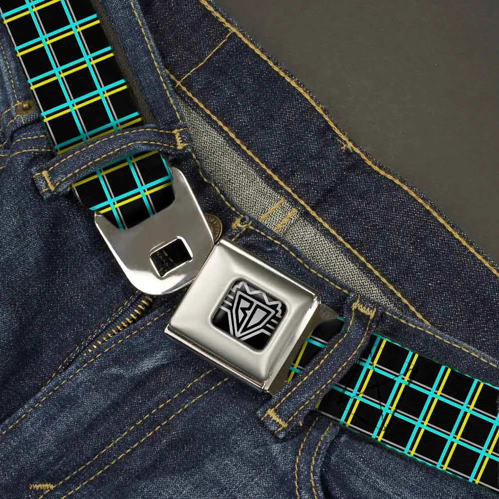 BD Wings Logo CLOSE-UP Full Color Black Silver Seatbelt Belt - Wire Grid Black/Turquoise/Yellow Webbing