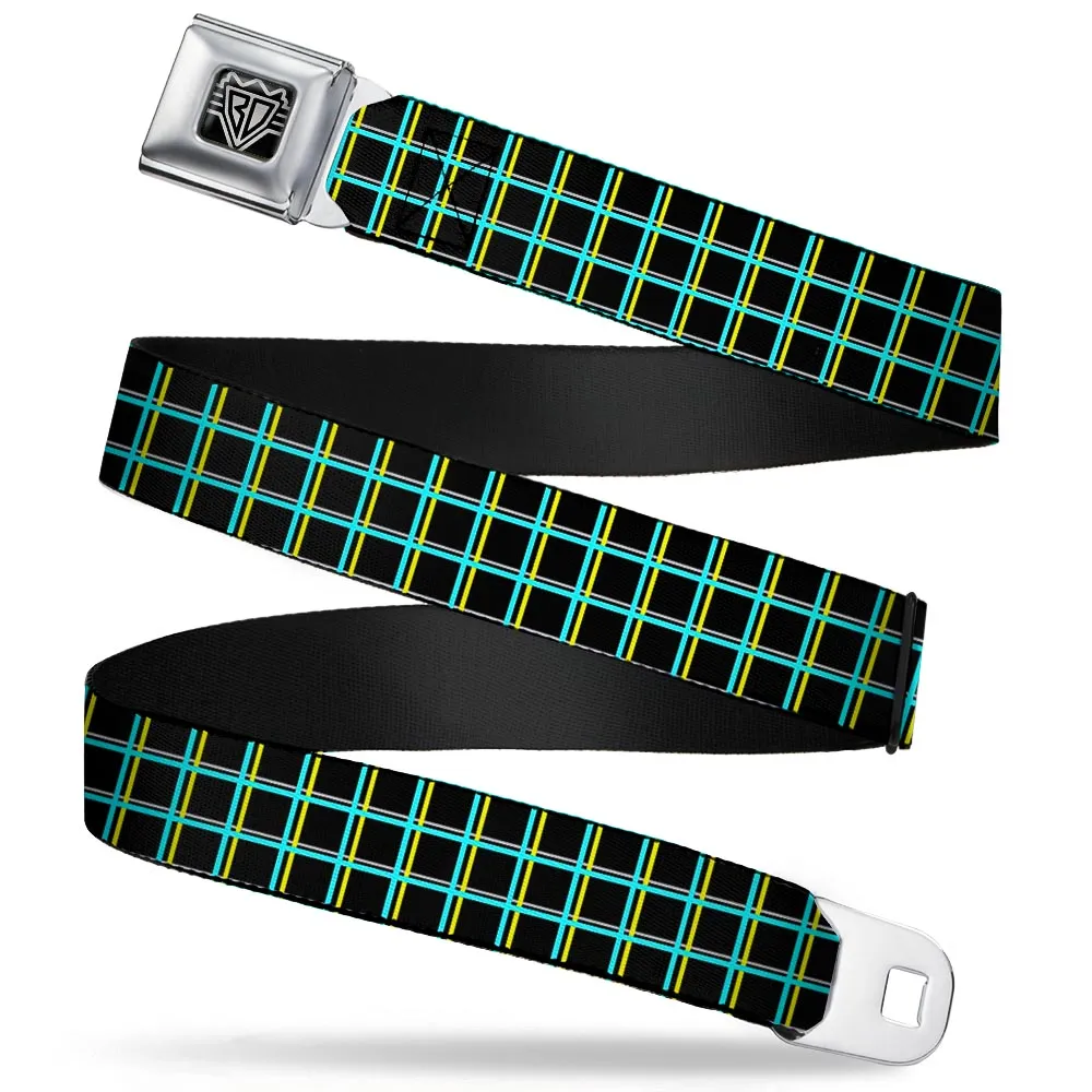 BD Wings Logo CLOSE-UP Full Color Black Silver Seatbelt Belt - Wire Grid Black/Turquoise/Yellow Webbing