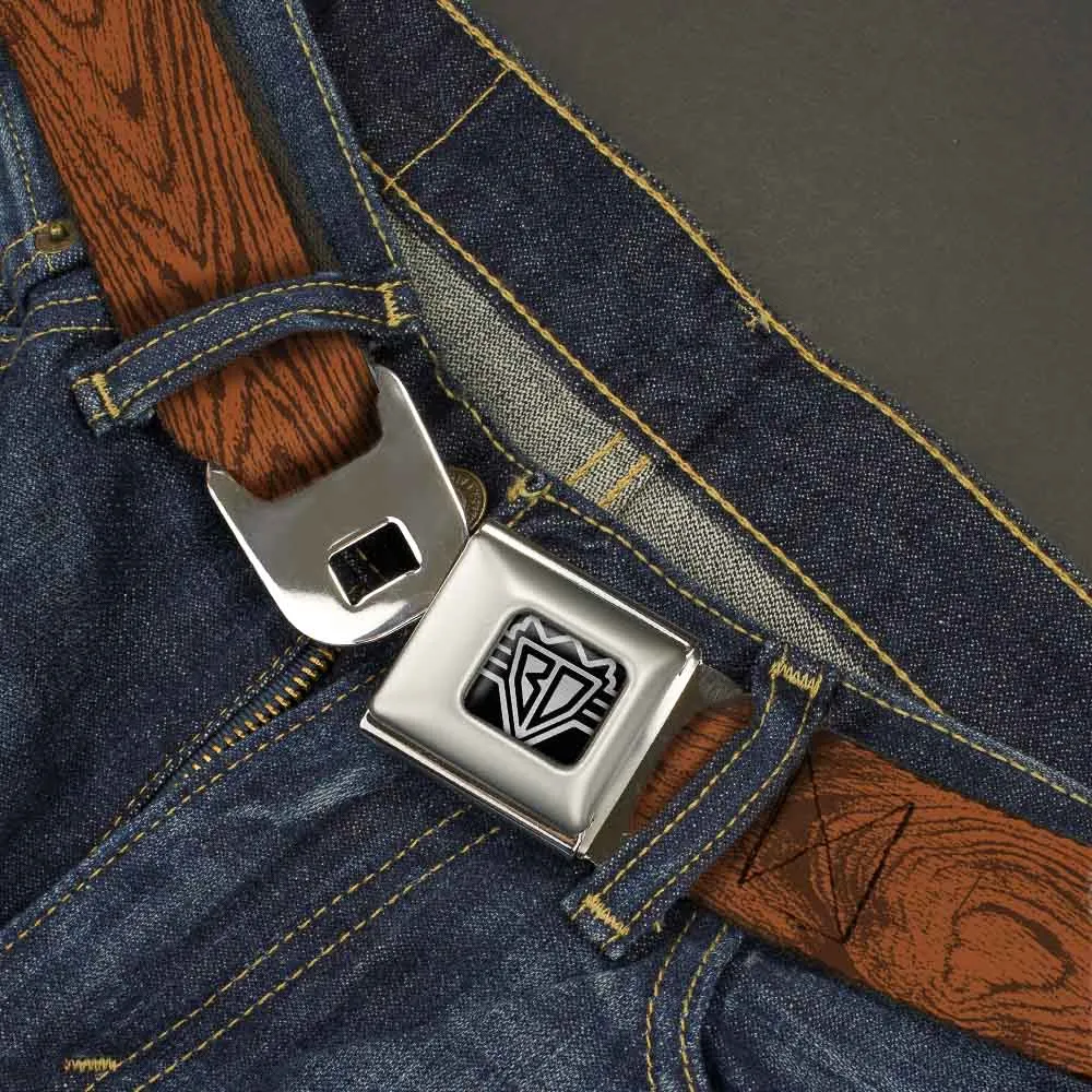 BD Wings Logo CLOSE-UP Full Color Black Silver Seatbelt Belt - Wood Grain Cherry Wood Webbing