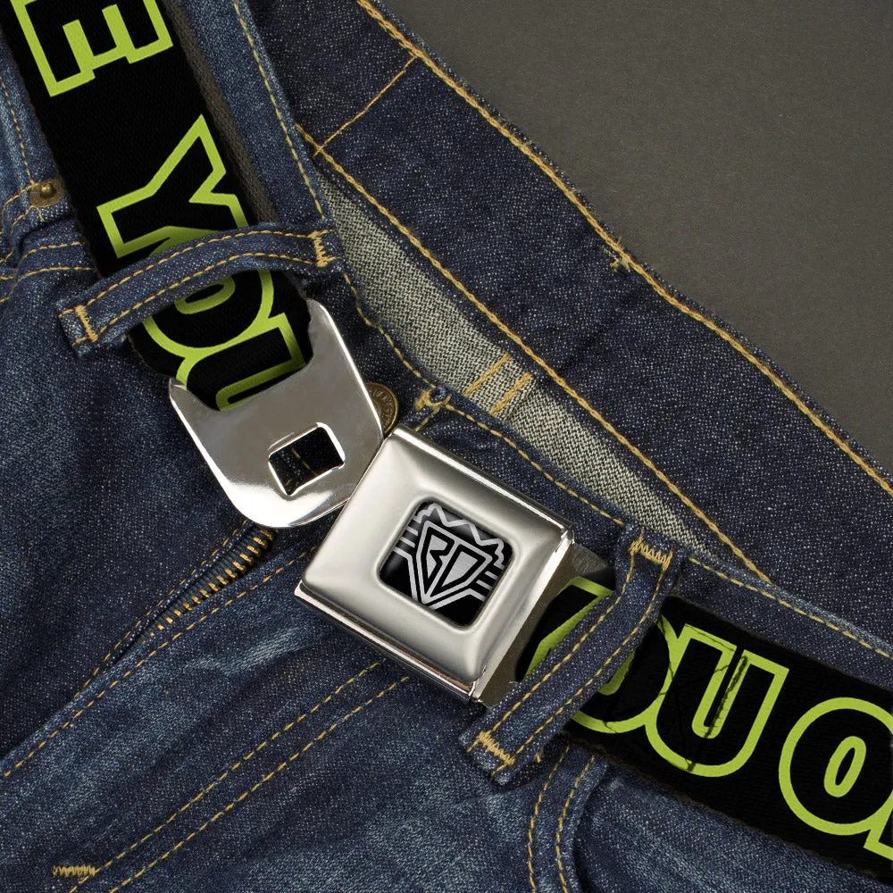 BD Wings Logo CLOSE-UP Full Color Black Silver Seatbelt Belt - YOU ONLY LIVE ONCE Black/Neon Green Webbing