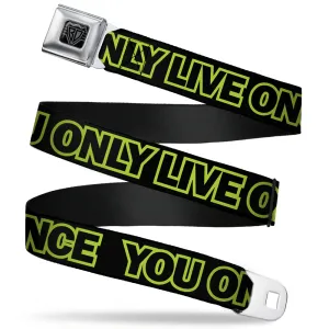 BD Wings Logo CLOSE-UP Full Color Black Silver Seatbelt Belt - YOU ONLY LIVE ONCE Black/Neon Green Webbing