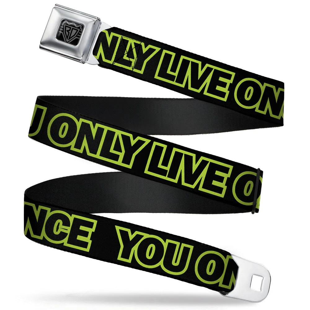 BD Wings Logo CLOSE-UP Full Color Black Silver Seatbelt Belt - YOU ONLY LIVE ONCE Black/Neon Green Webbing