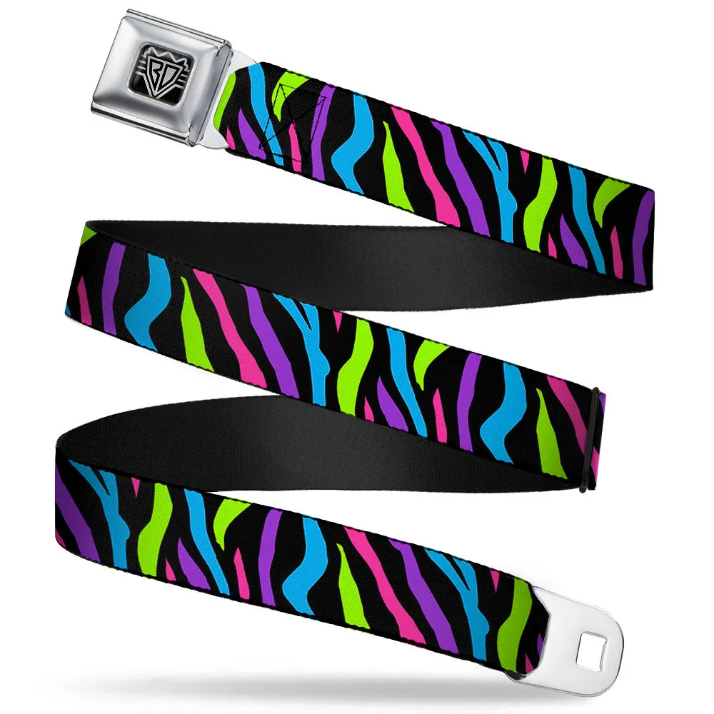 BD Wings Logo CLOSE-UP Full Color Black Silver Seatbelt Belt - Zebra Black/Blue/Green/Pink/Purple Webbing