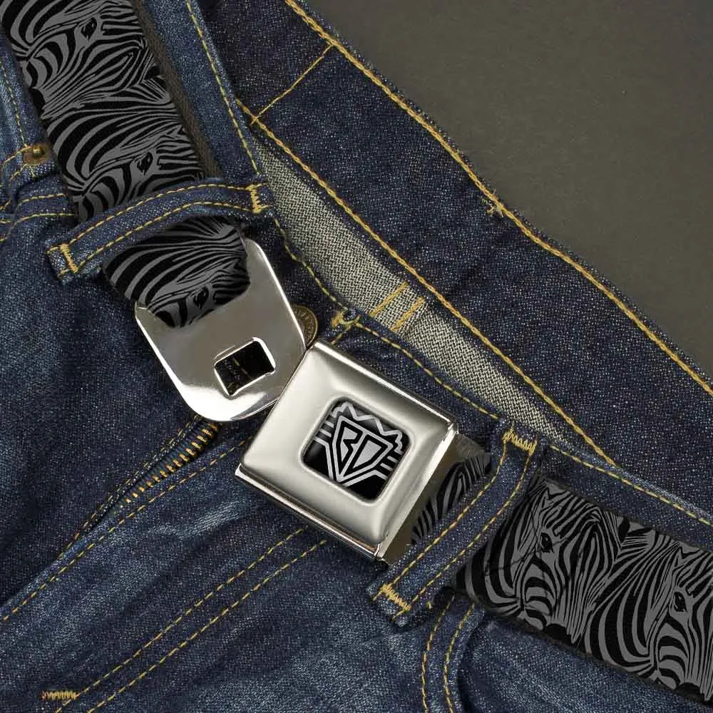 BD Wings Logo CLOSE-UP Full Color Black Silver Seatbelt Belt - Zebra Head Black/Gray Webbing