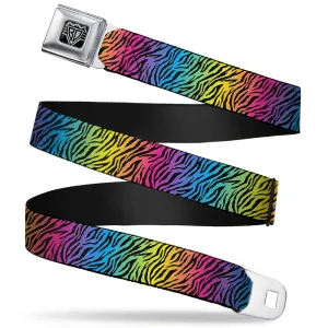 BD Wings Logo CLOSE-UP Full Color Black Silver Seatbelt Belt - Zebra Rainbow Ombre Webbing