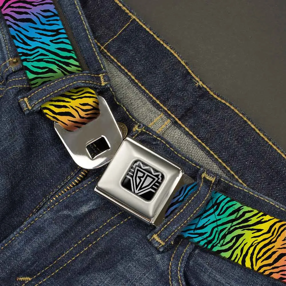 BD Wings Logo CLOSE-UP Full Color Black Silver Seatbelt Belt - Zebra Rainbow Ombre Webbing