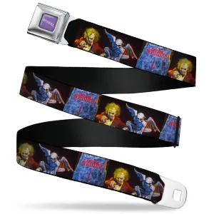 BEETLEJUICE Text Logo Full Color Purple/White Seatbelt Belt - Beetlejuice Graveyard Gargoyle Pose Black Webbing