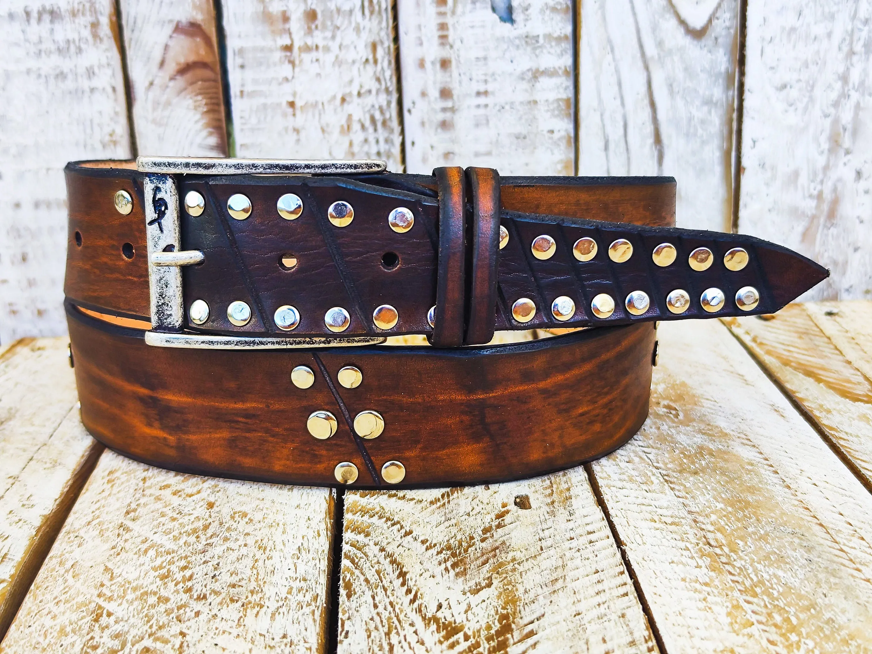 Brown Leather Rodeo Rock Belt - Handcrafted with Silver Buckle - Mens Accessory