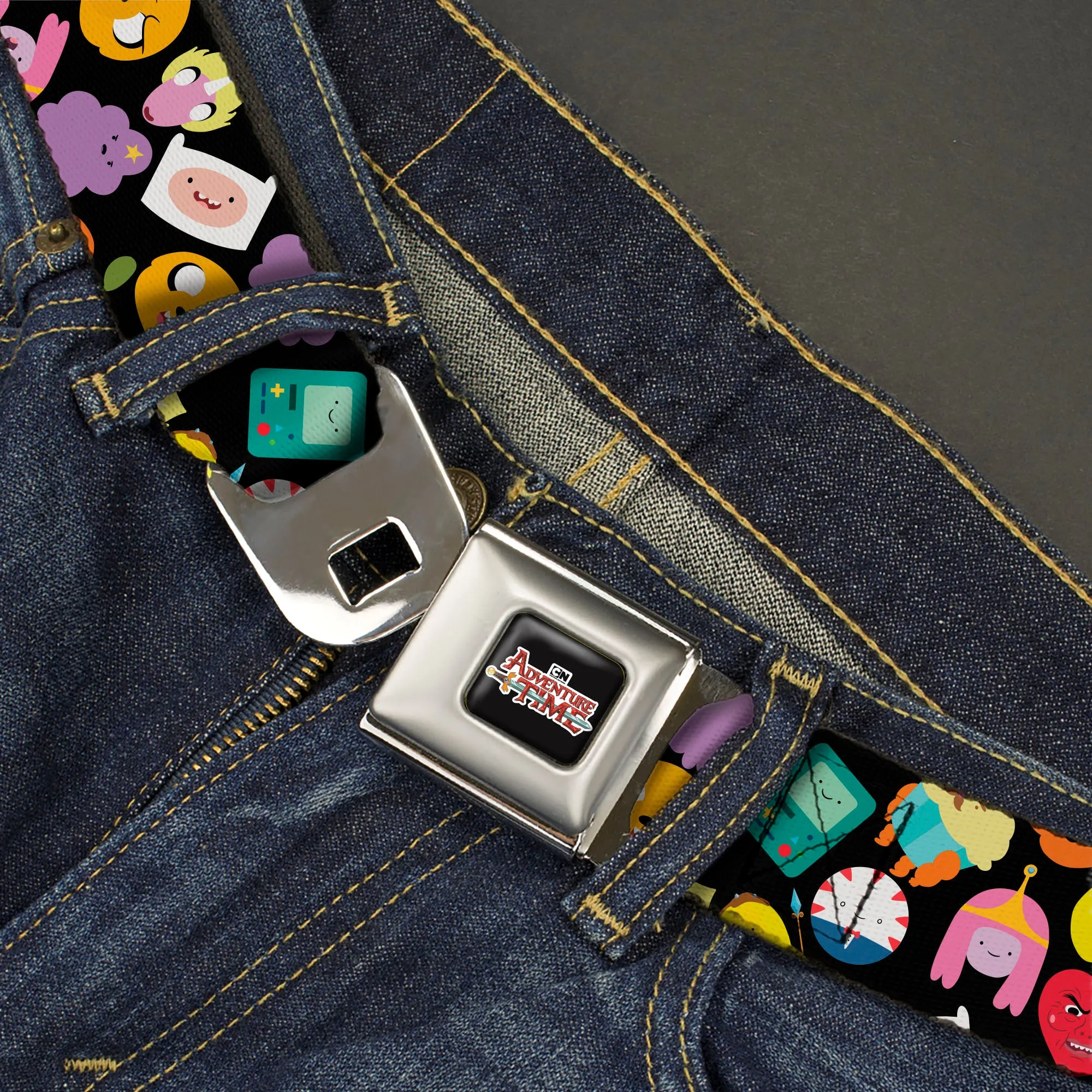 Cartoon Network ADVENTURE TIME Title Logo Full Color Black Seatbelt Belt - Adventure Time Character Face Icons Scattered Black Webbing