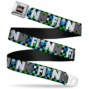 Cartoon Network ADVENTURE TIME Title Logo Full Color Black Seatbelt Belt - Adventure Time FINN Block Letters Pose Checker Green/Blue/Black Webbing