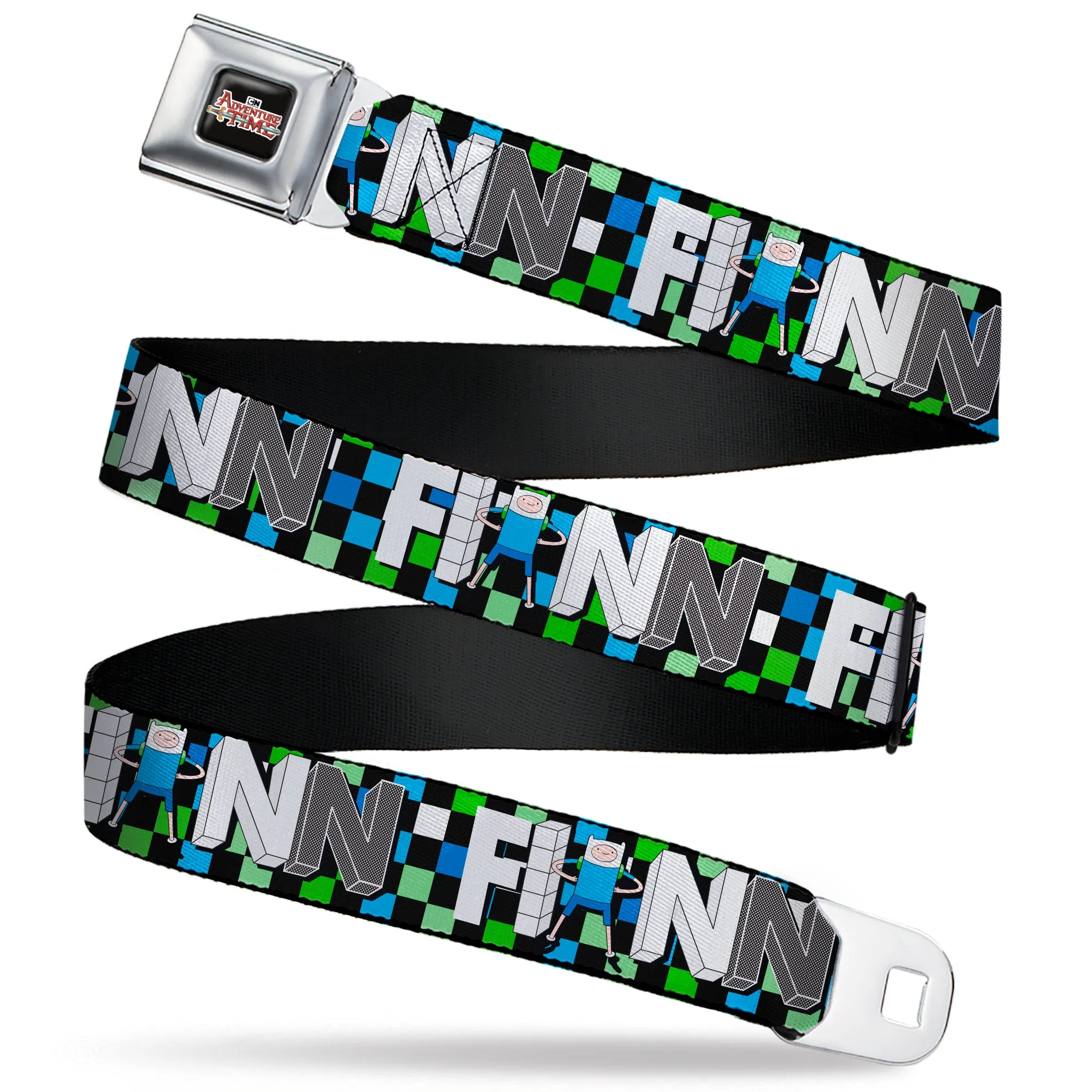 Cartoon Network ADVENTURE TIME Title Logo Full Color Black Seatbelt Belt - Adventure Time FINN Block Letters Pose Checker Green/Blue/Black Webbing