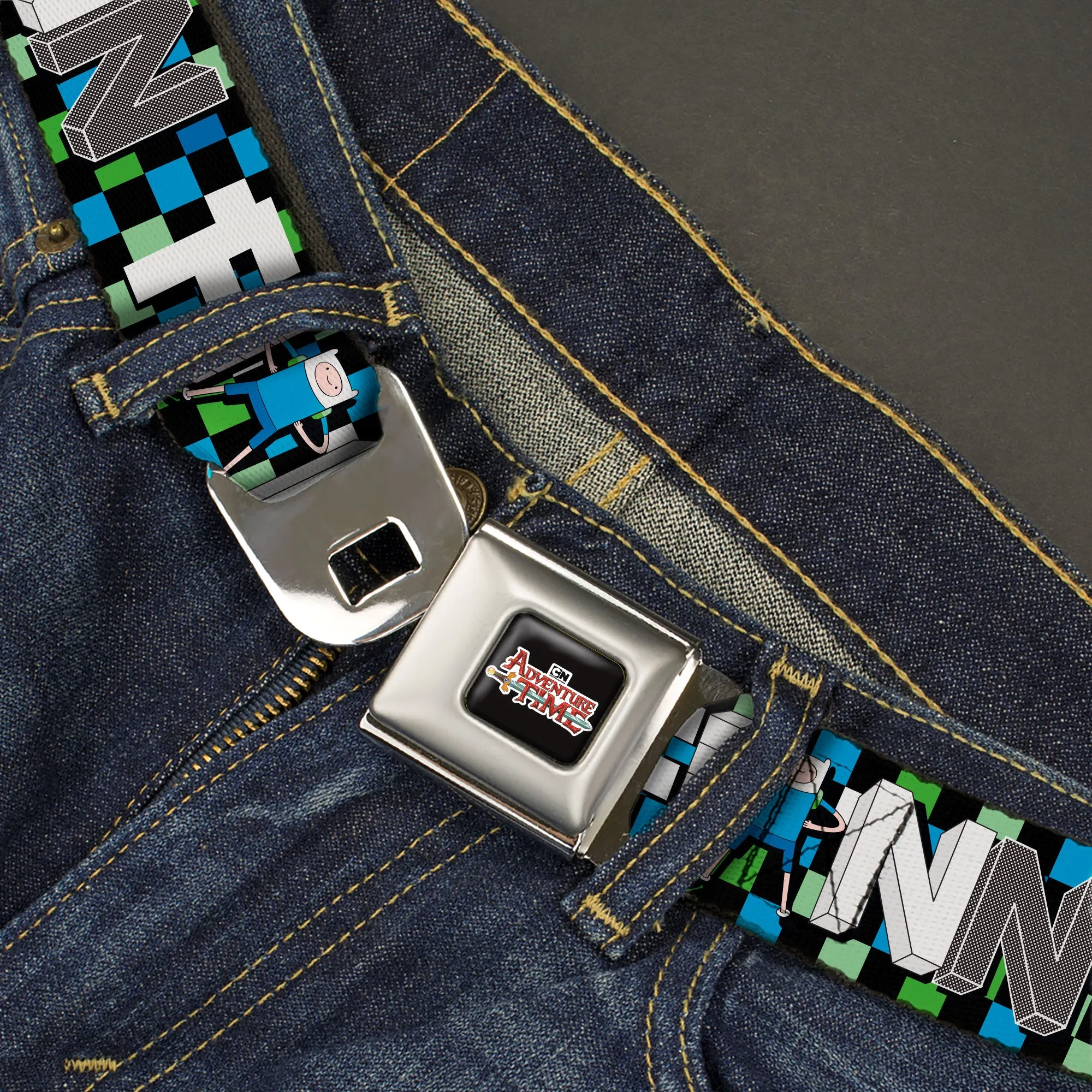 Cartoon Network ADVENTURE TIME Title Logo Full Color Black Seatbelt Belt - Adventure Time FINN Block Letters Pose Checker Green/Blue/Black Webbing