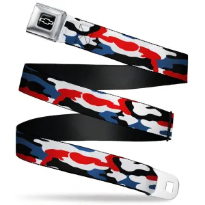 Chevy Bowtie Full Color Black/White Seatbelt Belt - Chevy Americana Camo Red/White/Blue/Black Webbing