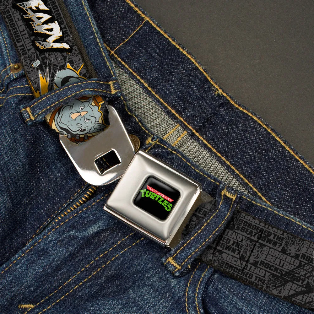Classic TMNT Logo Full Color Seatbelt Belt - ROCKSTEADY Break Through Pose/BEATDOWN Black/Grays/Gold Webbing