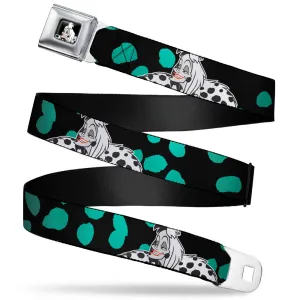 Cruella De Vil Smiling Spotted Fur Pose Full Color Black Seatbelt Belt - Cruella De Vil Smiling Spotted Fur Pose/Spots Black/Green Webbing