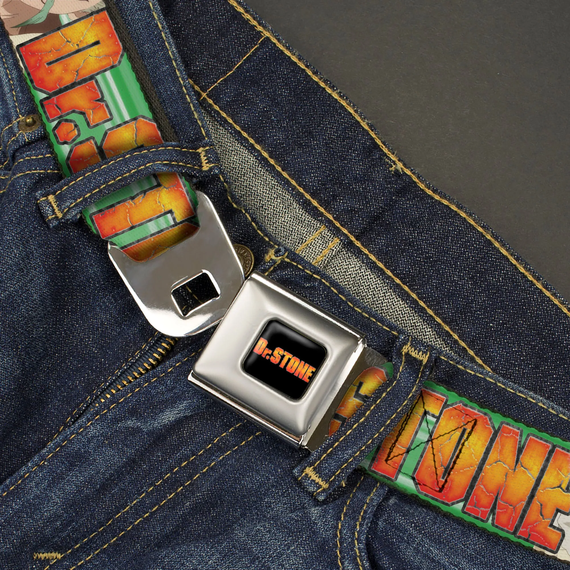 DR. STONE Title Logo Full Color Black/Orange Seatbelt Belt - DR. STONE Title Logo and Suika Face Close-Up Greens Webbing