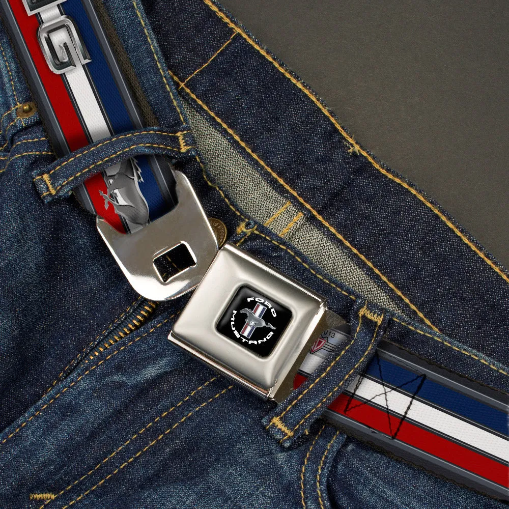 FORD MUSTANG Tri-Bar Logo Full Color Black White Silver Red Blue Seatbelt Belt - Mustang/Text w/Tri-Bar Stripe Webbing