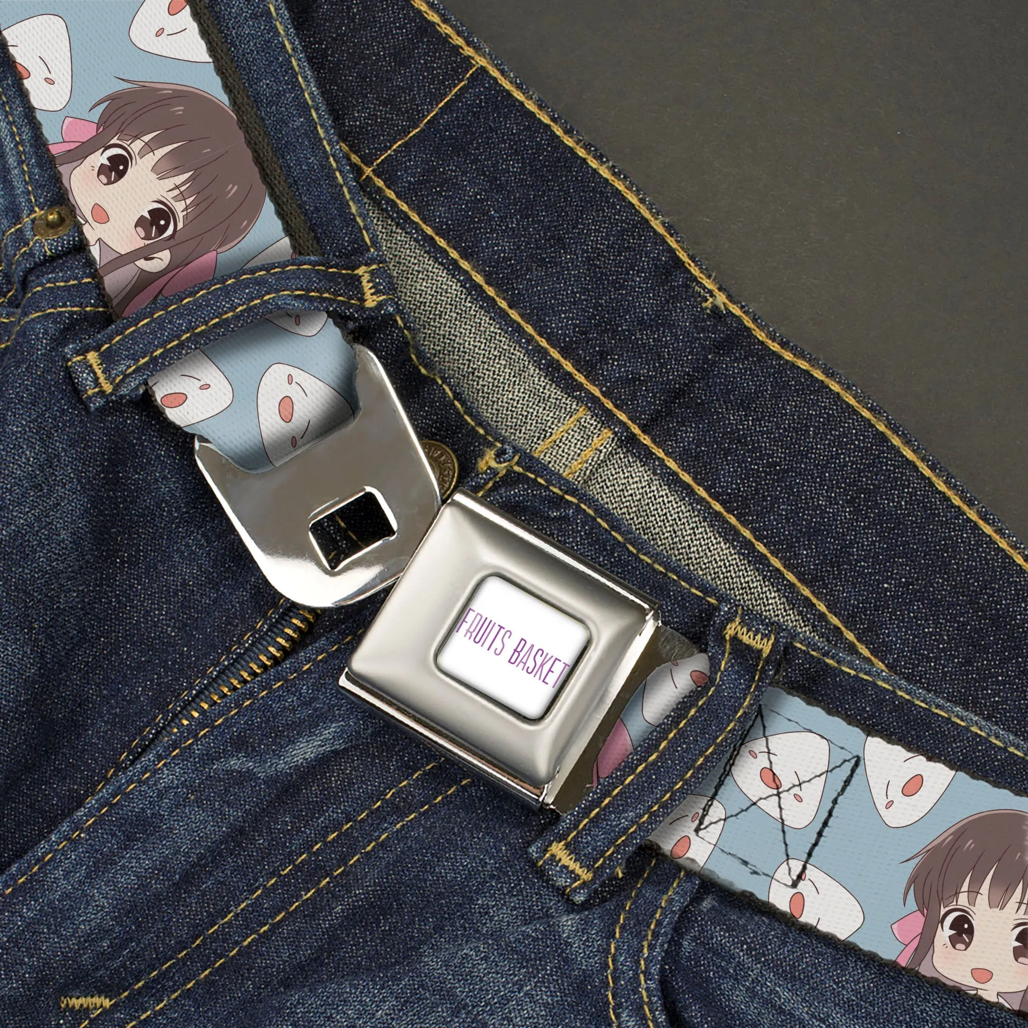 FRUITS BASKET Title Logo Full Color White/Purple Seatbelt Belt - Fruits Basket Chibi Tohru Honda and Rice Ball Scattered Light Blue Webbing