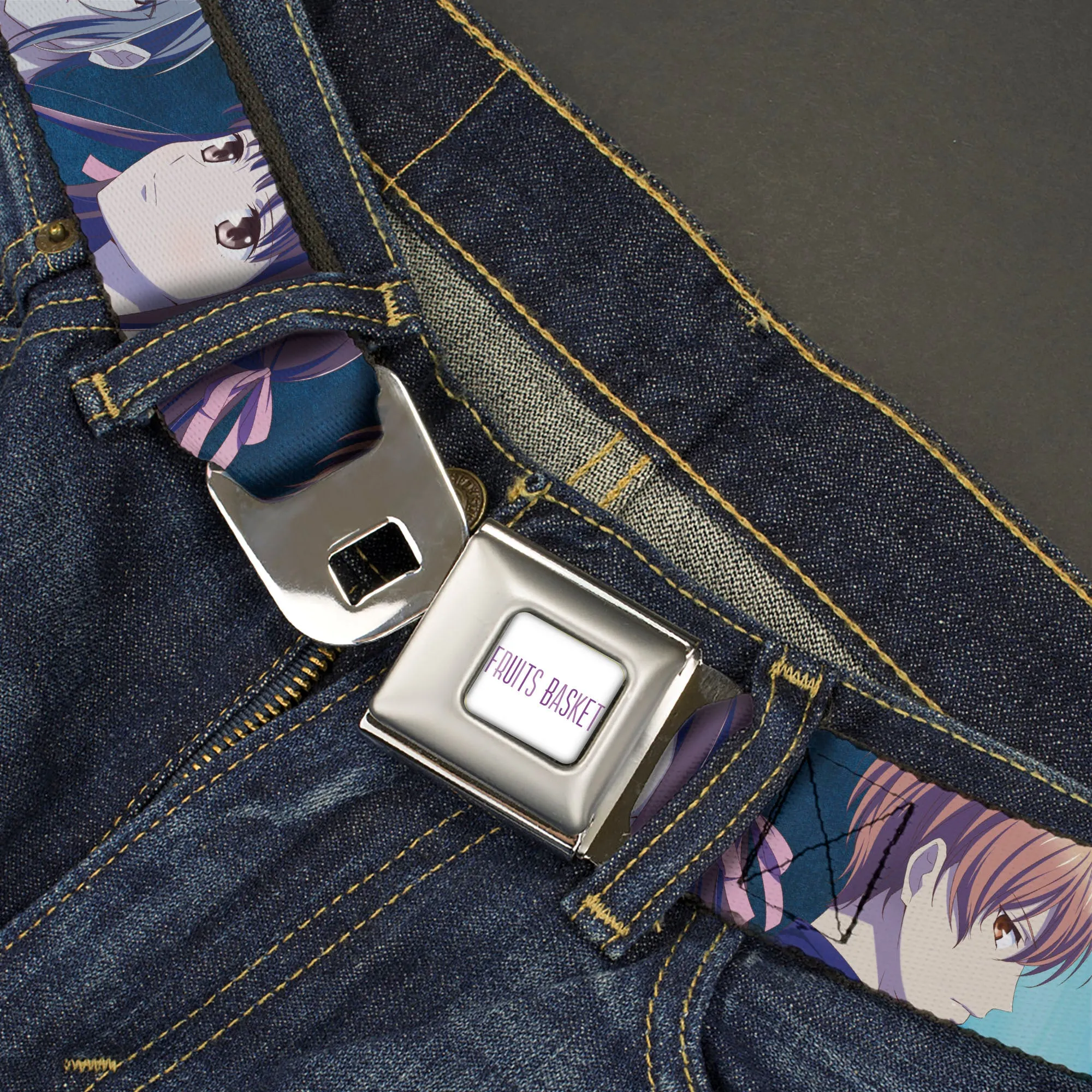 FRUITS BASKET Title Logo Full Color White/Purple Seatbelt Belt - Fruits Basket Yuki Tohru Kyo Final Season Group Pose Blues Webbing
