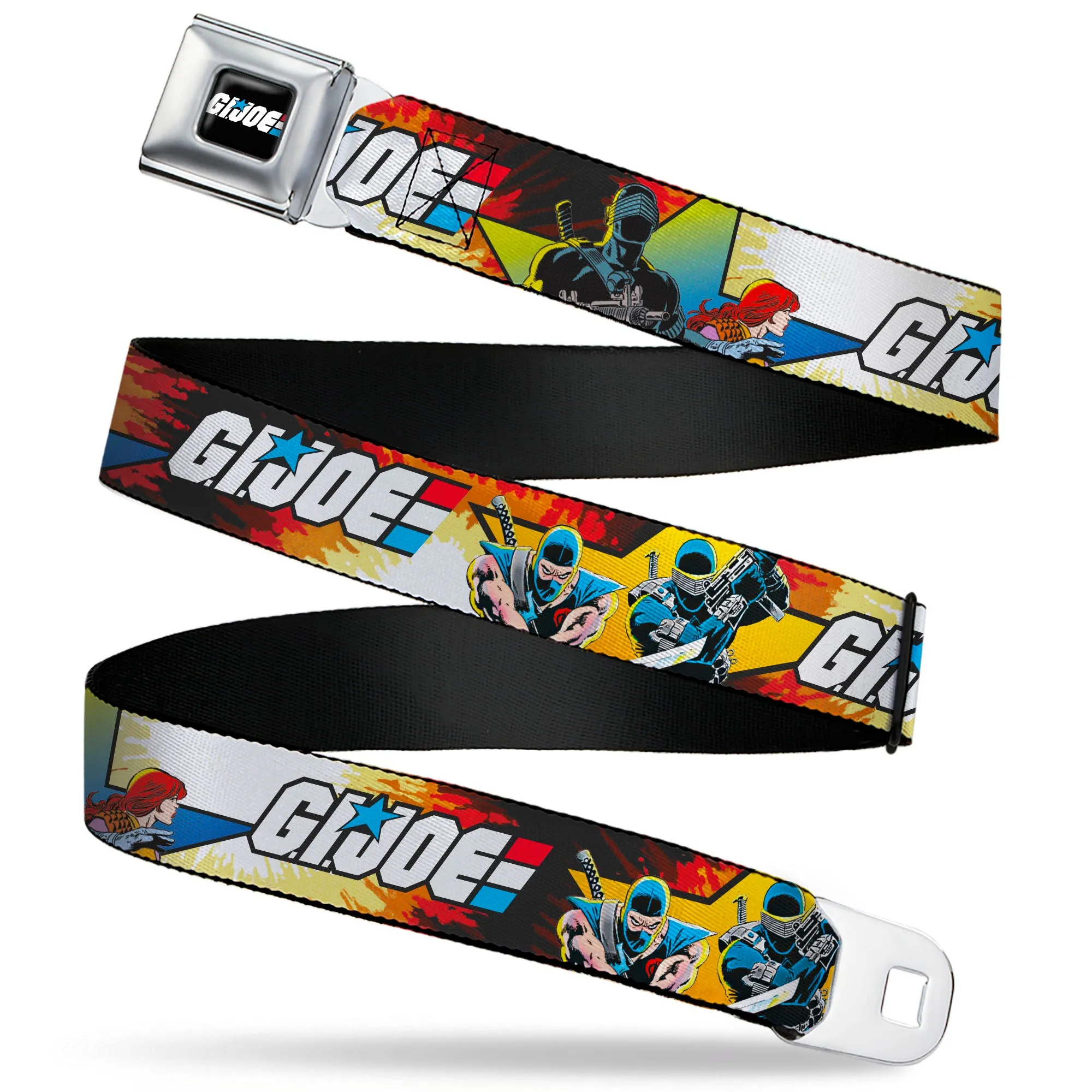 GI JOE Title Logo Stripe Full Color Black/Red/White/Blue Seatbelt Belt - GI JOE Storm Shadow Snake Eyes and Scarlett Comic Cover Poses Explosion Webbing