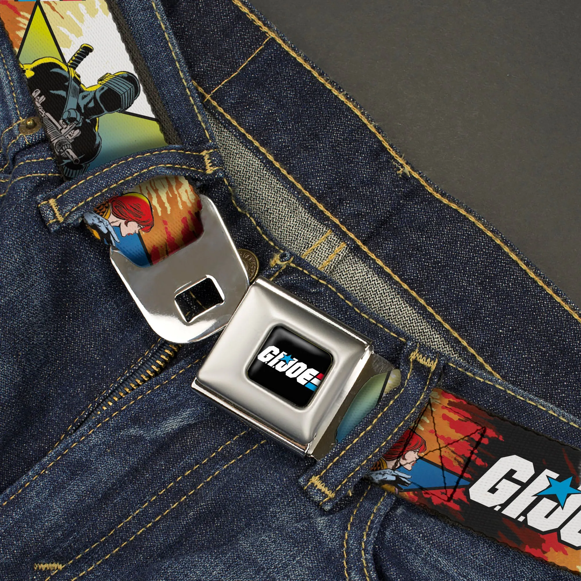 GI JOE Title Logo Stripe Full Color Black/Red/White/Blue Seatbelt Belt - GI JOE Storm Shadow Snake Eyes and Scarlett Comic Cover Poses Explosion Webbing