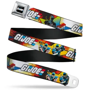 GI JOE Title Logo Stripe Full Color Black/Red/White/Blue Seatbelt Belt - GI JOE Storm Shadow Snake Eyes and Scarlett Comic Cover Poses Explosion Webbing