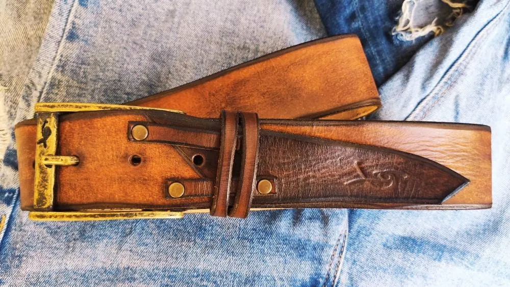 Handmade Brown Leather Mens Belt - Rodeo Style Texas Cowboy Fashion - Customizable