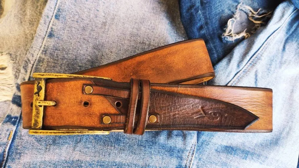 Handmade Brown Leather Mens Belt - Rodeo Style Texas Cowboy Fashion - Customizable