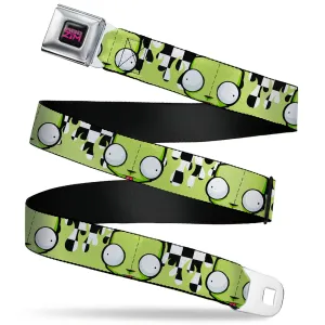 INVADER ZIM Title Logo Full Color Pink/Green Seatbelt Belt - Invader Zim GIR Face and Checker Flames Black/White/Green Webbing
