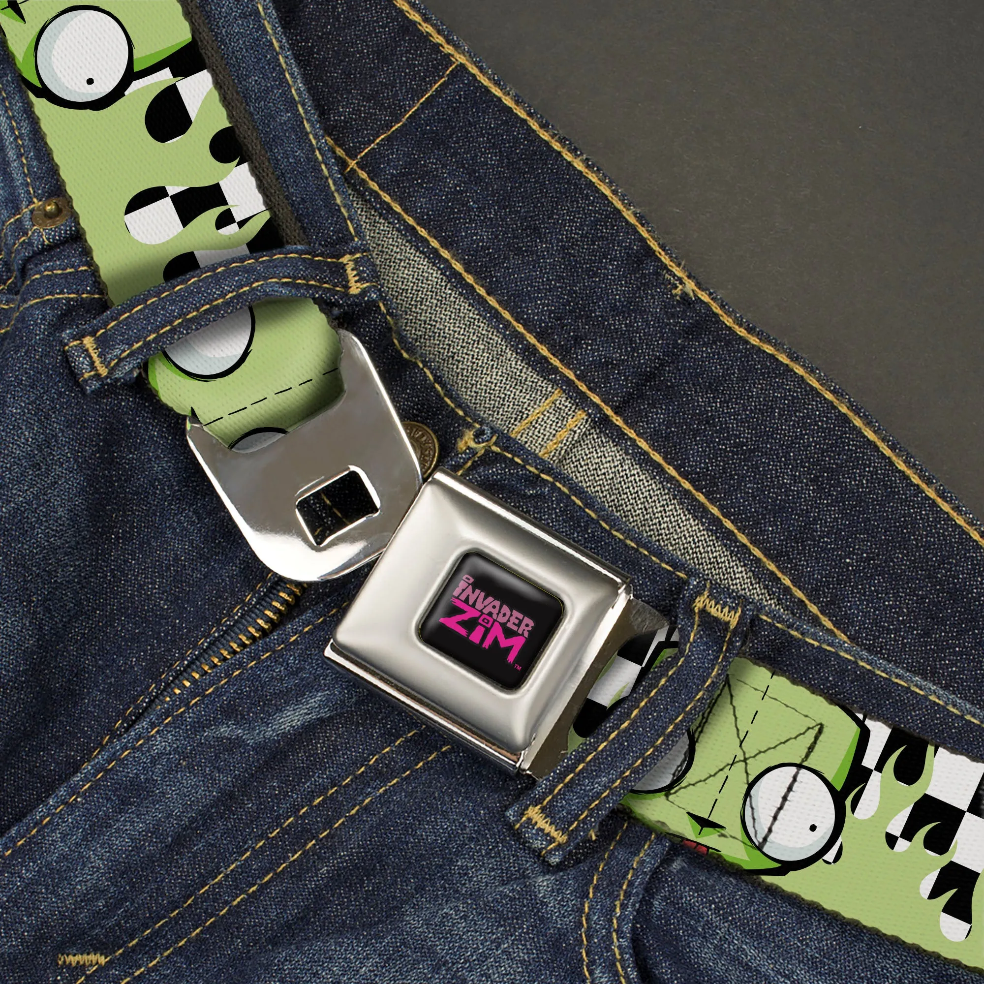 INVADER ZIM Title Logo Full Color Pink/Green Seatbelt Belt - Invader Zim GIR Face and Checker Flames Black/White/Green Webbing