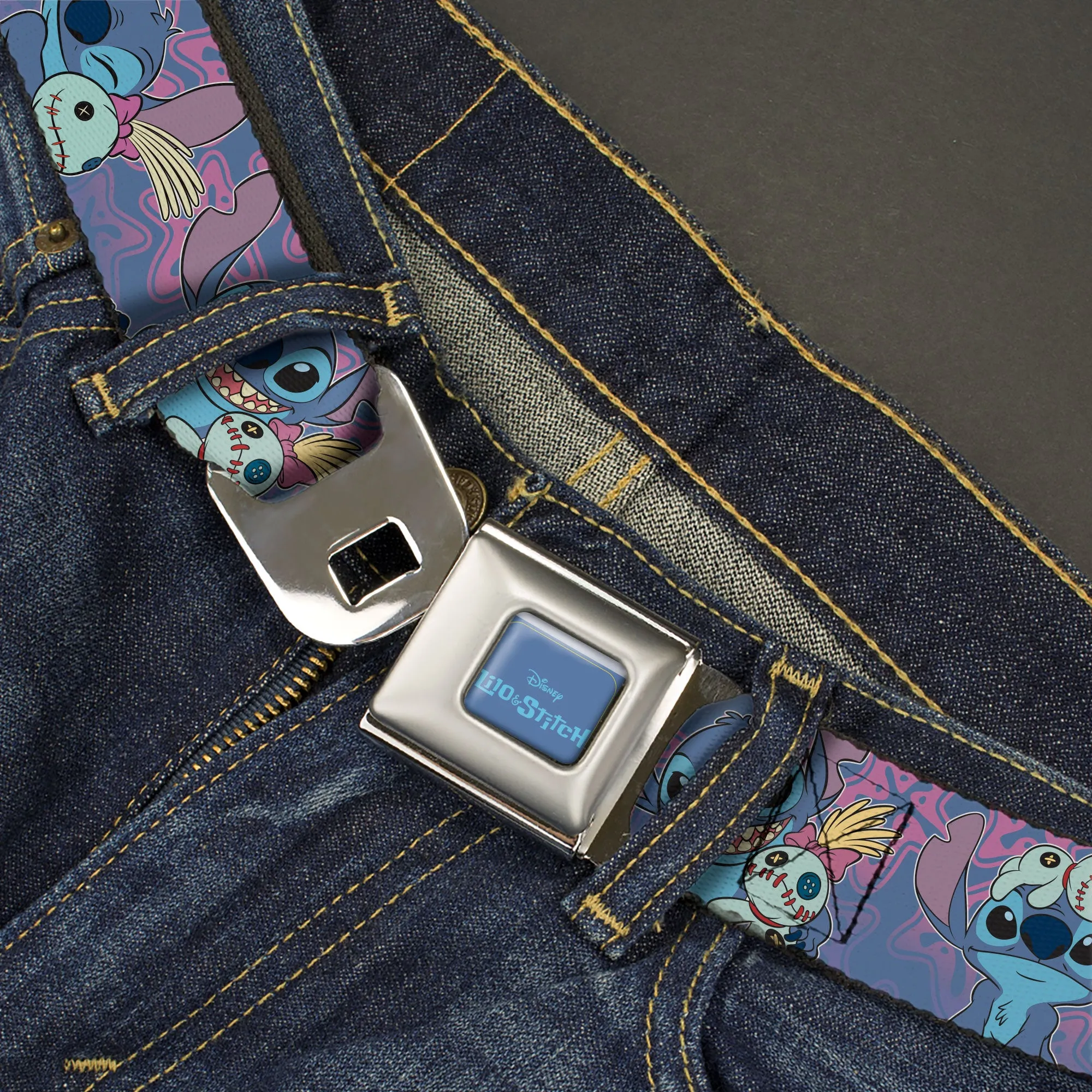 LILO & STITCH Title Logo Full Color Blues Seatbelt Belt - Lilo & Stitch Stitch and Scrump Poses Blues/Purples Webbing