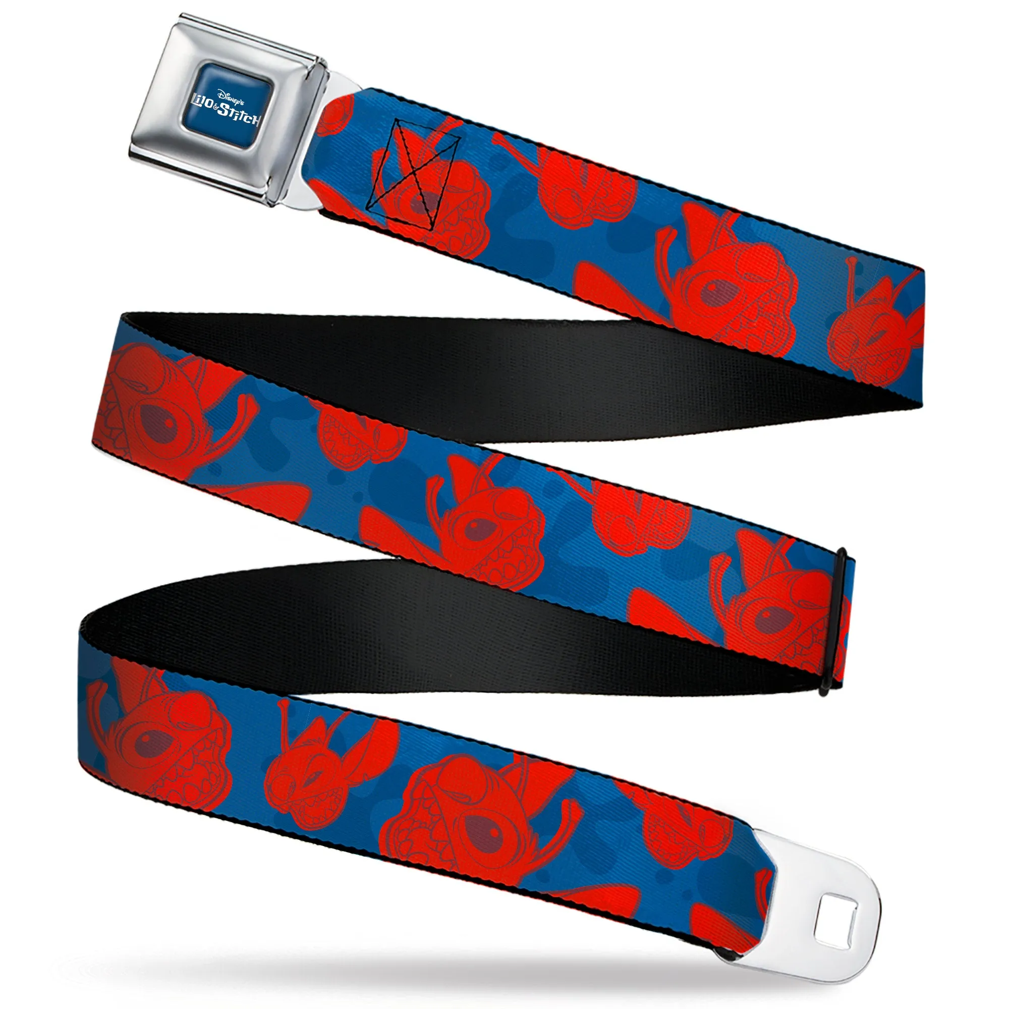 LILO & STITCH Title Logo Full Color Blue/White Seatbelt Belt - Lilo & Stitch Alien Stitch Expressions Scattered Blues/Red Webbing
