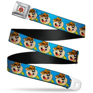 Looney Tunes Logo Full Color White Seatbelt Belt - Tasmanian Devil Hip Hop Expression Blue Webbing
