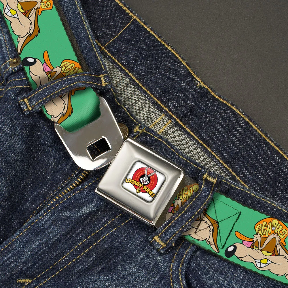 Looney Tunes Logo Full Color White Seatbelt Belt - Wile E. Coyote Hip Hop Expression Green Webbing