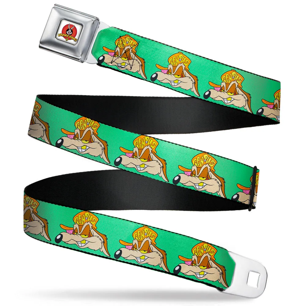 Looney Tunes Logo Full Color White Seatbelt Belt - Wile E. Coyote Hip Hop Expression Green Webbing