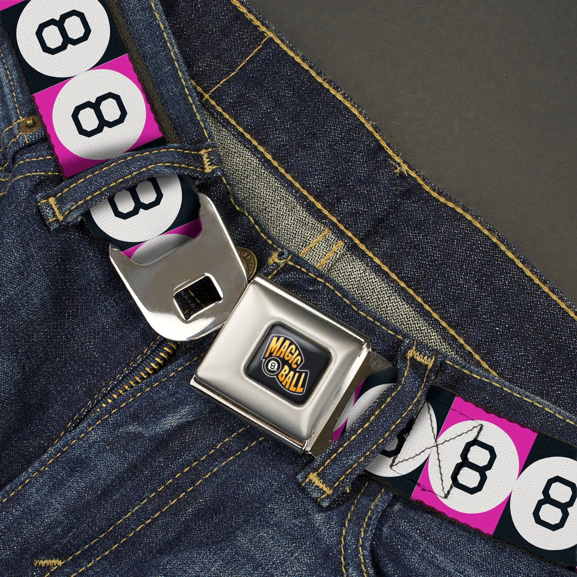 MAGIC 8 BALL Logo Full Color Black/Orange/White Seatbelt Belt - Magic 8 Ball Blocks Black/Pink/White Webbing