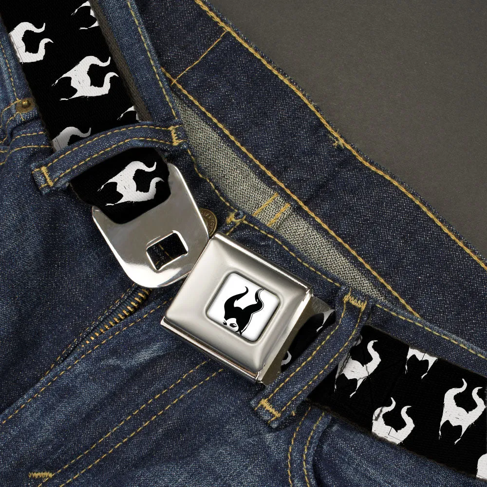 Maleficent Face CLOSE-UP Full Color White/Black Seatbelt Belt - Maleficent's Horns Silhouette Black/White Webbing