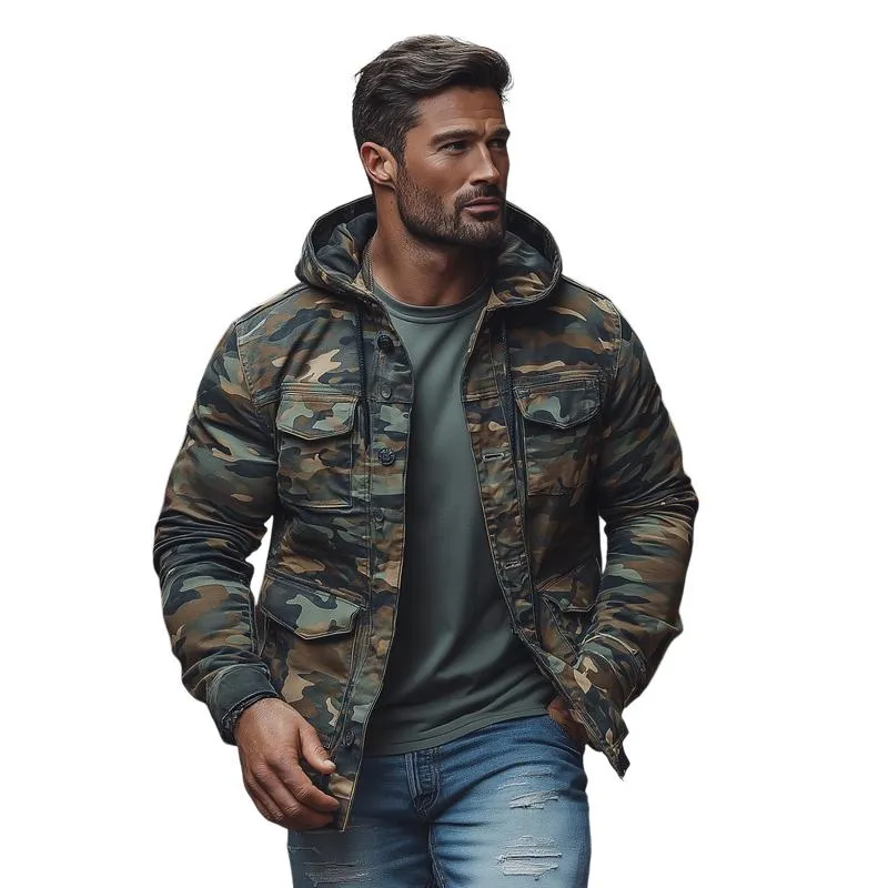 Men's Casual Outdoor Camouflage Hooded Multi-Pocket Single-Breasted Jacket 42185129M