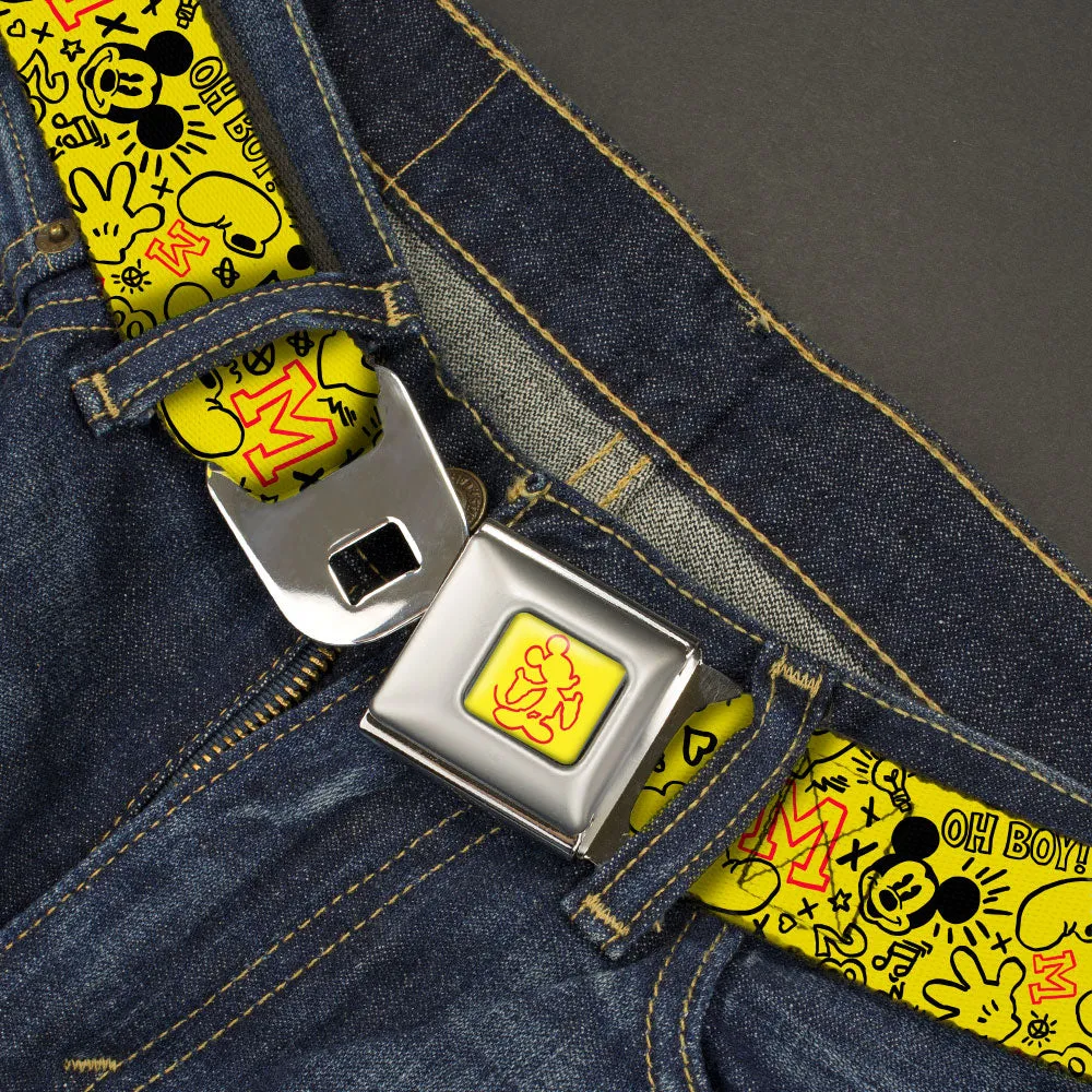 Mickey Mouse Hands Out Pose Outline Yellow/Red Seatbelt Belt - Mickey Mouse Icon Doodles Collage Yellow/Black/Red Webbing