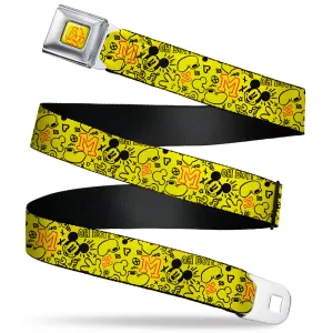 Mickey Mouse Hands Out Pose Outline Yellow/Red Seatbelt Belt - Mickey Mouse Icon Doodles Collage Yellow/Black/Red Webbing