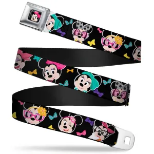 Mini Minnie Mouse Face CLOSE-UP Full Color Black Seatbelt Belt - Mini Minnie Expressions/Bows Black/Multi Color Webbing
