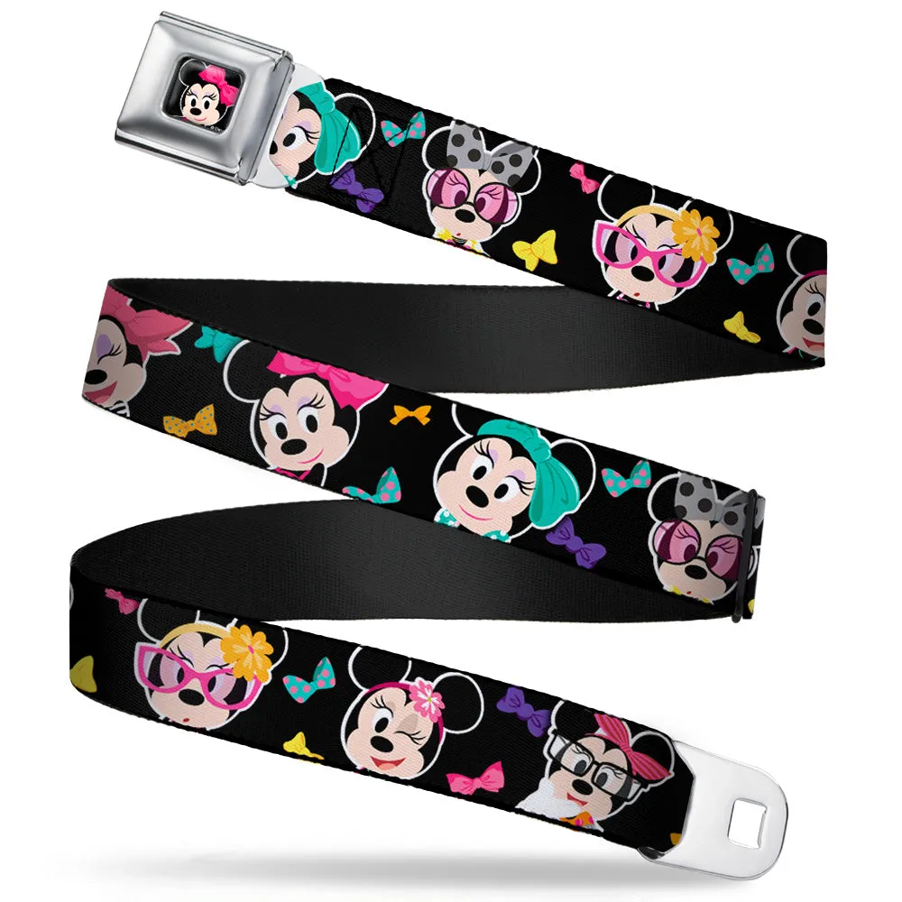Mini Minnie Mouse Face CLOSE-UP Full Color Black Seatbelt Belt - Mini Minnie Expressions/Bows Black/Multi Color Webbing