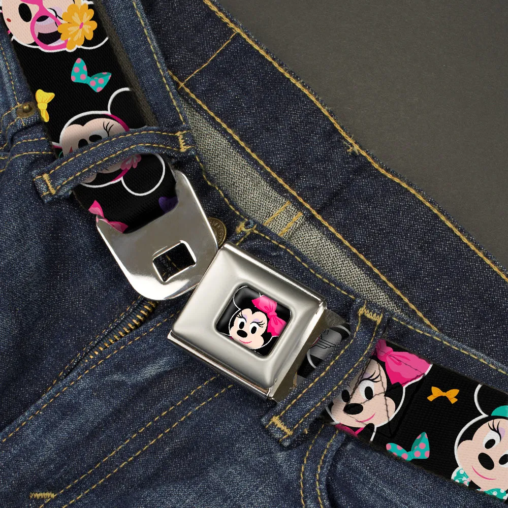 Mini Minnie Mouse Face CLOSE-UP Full Color Black Seatbelt Belt - Mini Minnie Expressions/Bows Black/Multi Color Webbing